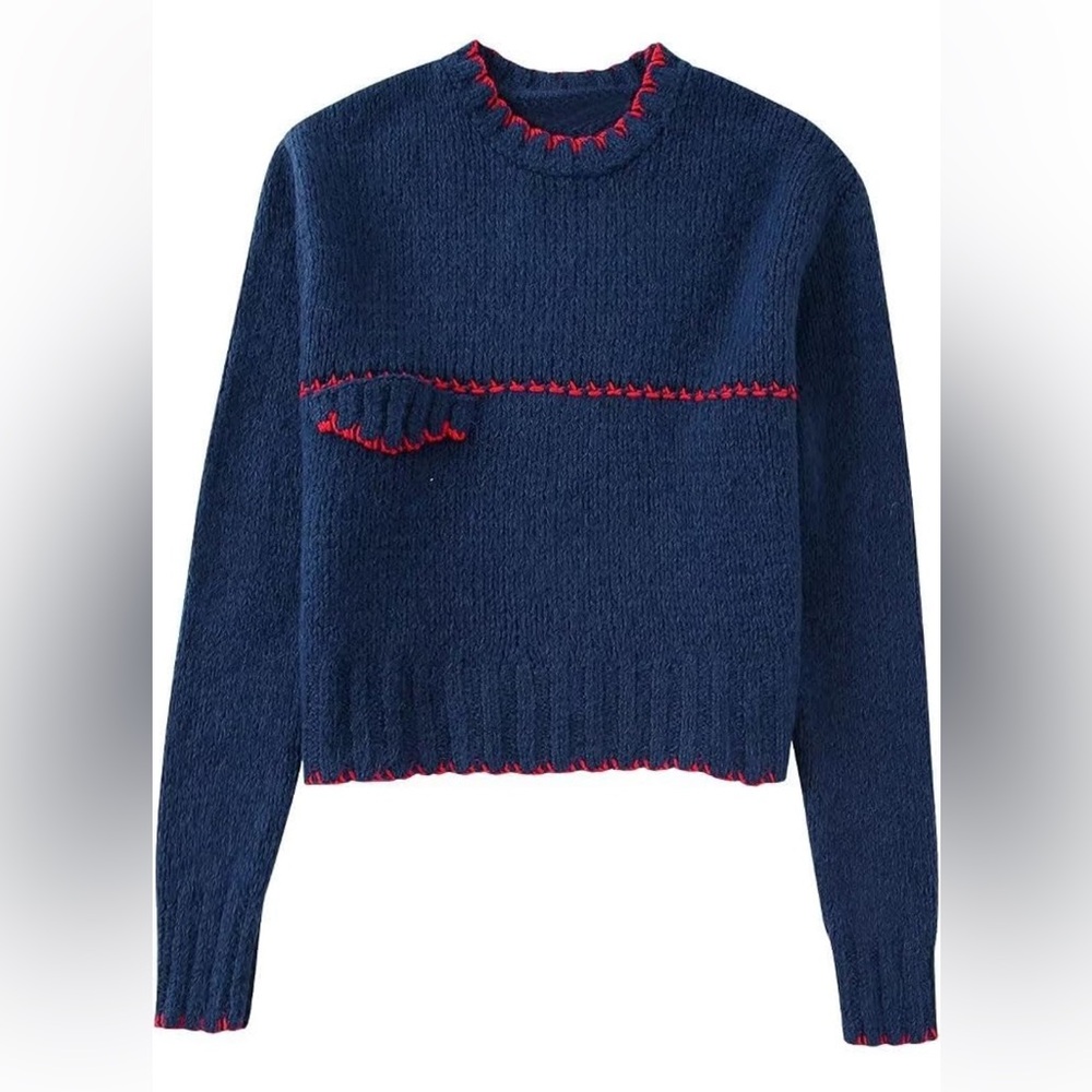 Zara Navy Sweater with Red Trim M